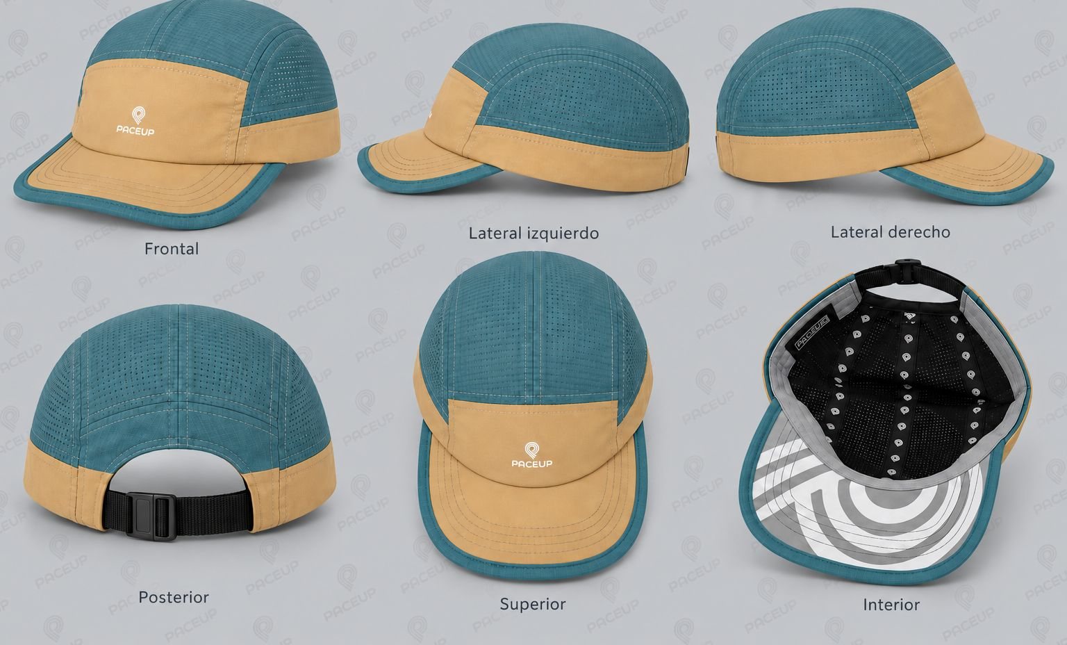 Gorra Paceup en arena y celeste, vistas 360°