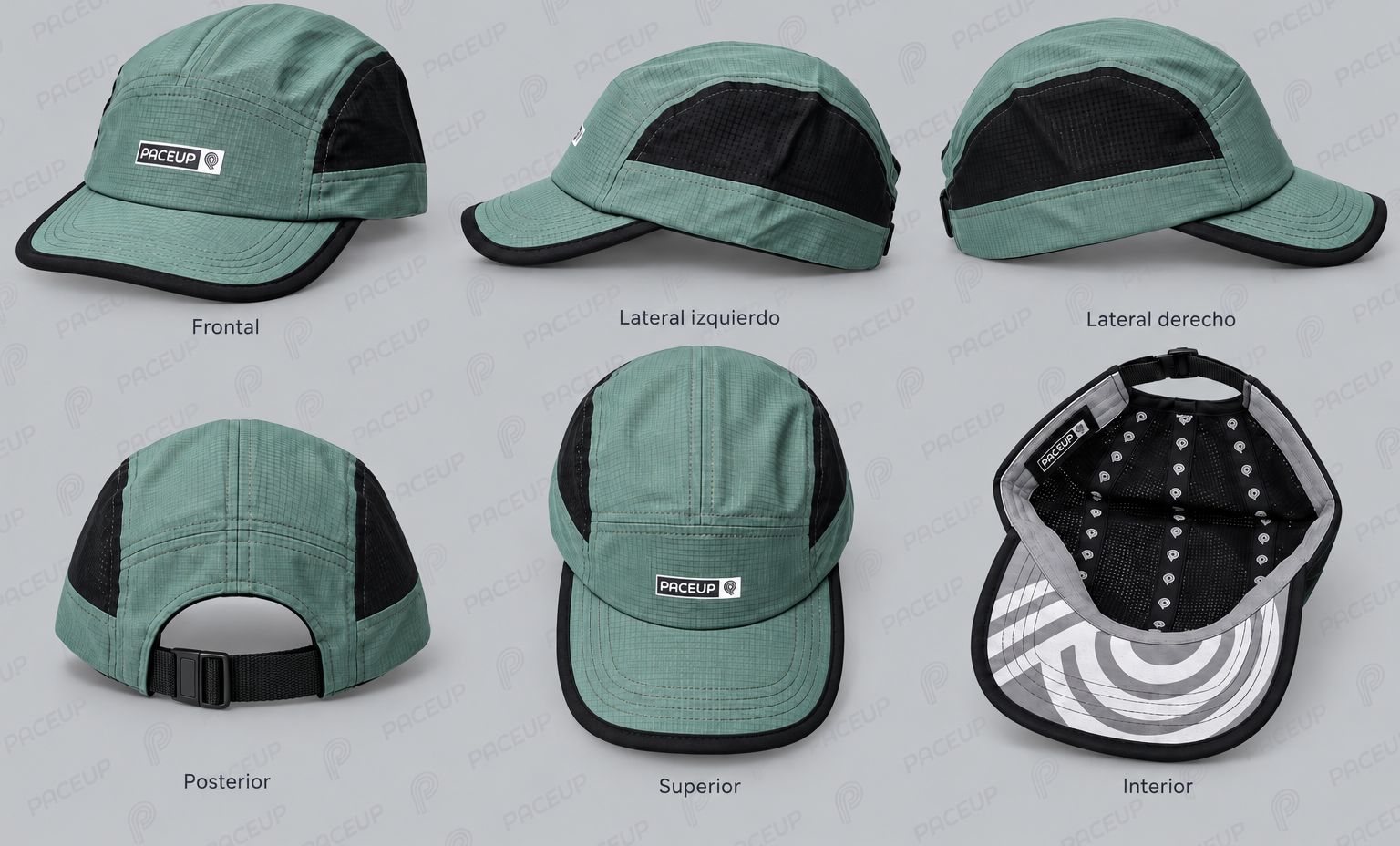 Gorra Paceup verde bosque con paneles negros, vistas 360°