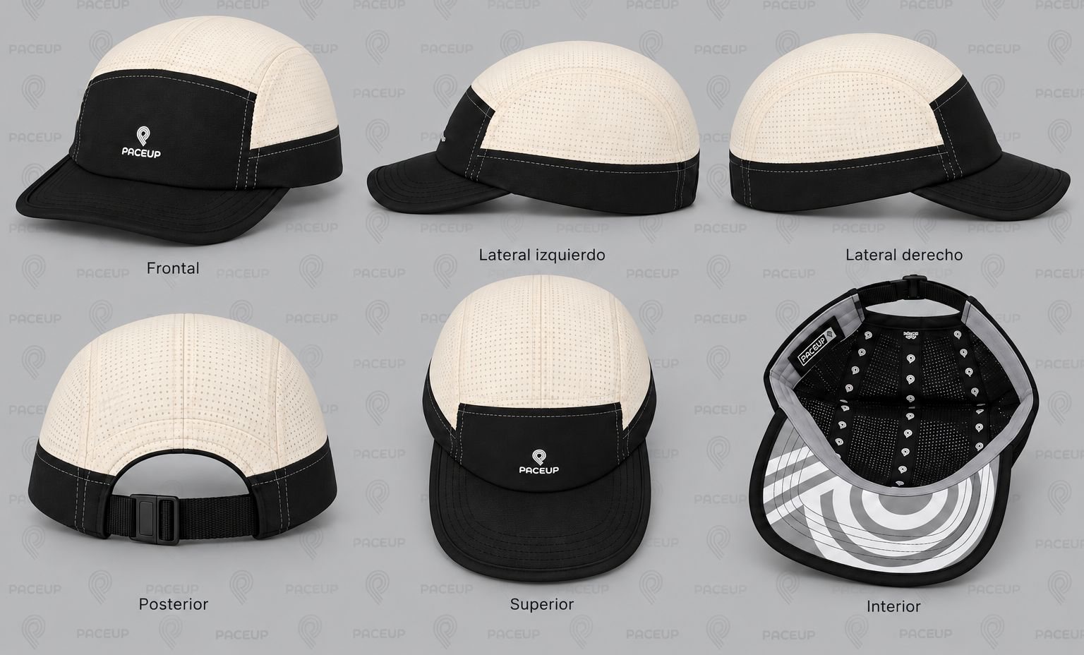 Gorra Paceup en crema y negro, vistas 360°