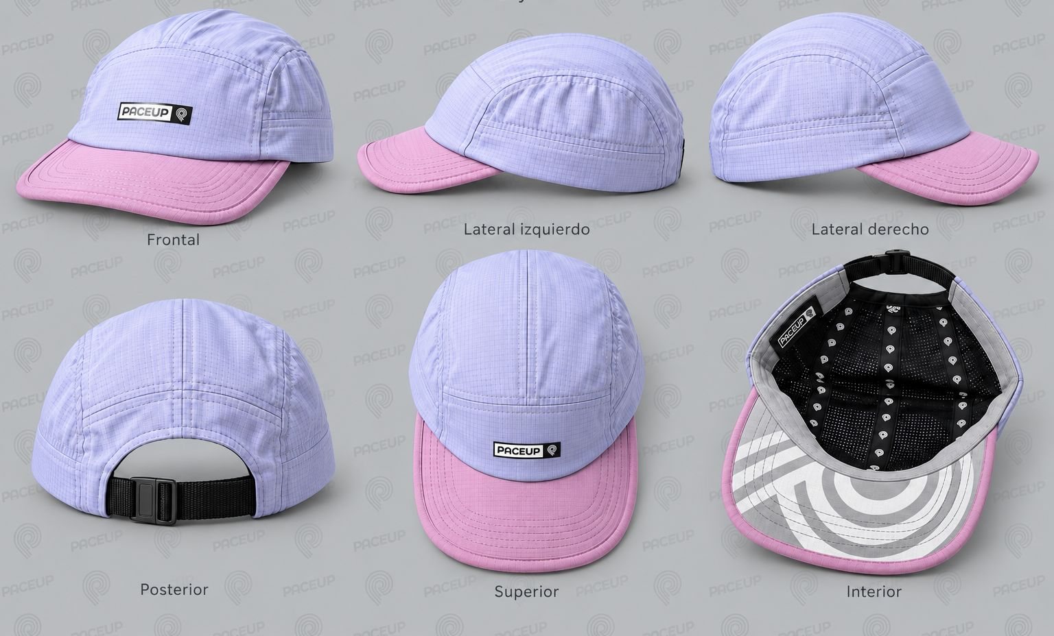 Gorra Paceup lila con visera rosa, vistas 360°
