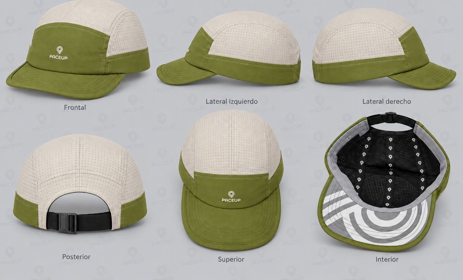 Gorra Paceup en oliva y crema, vistas 360°