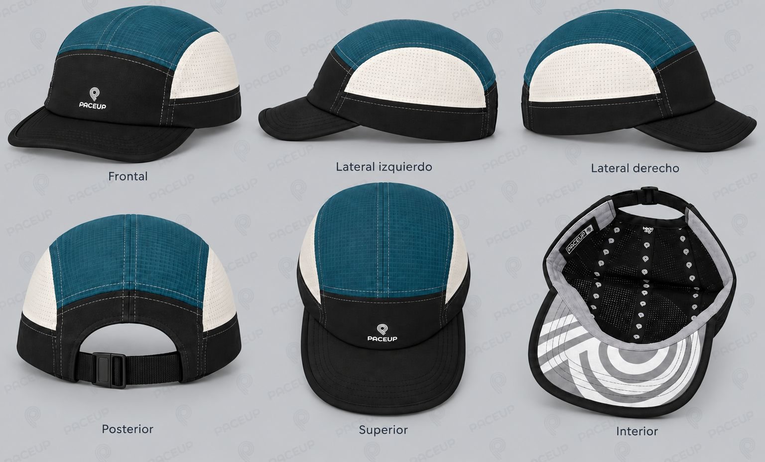 Gorra Paceup Aquamarine en petróleo, blanco y negro, vistas 360°