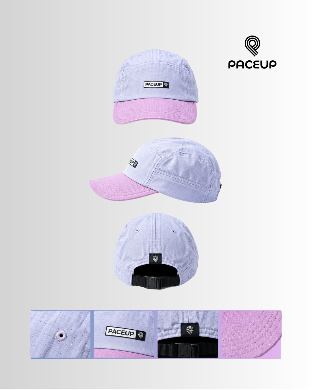 Gorra Paceup lila de frente, de lado y por detrás, con detalles de tela, etiqueta y broche