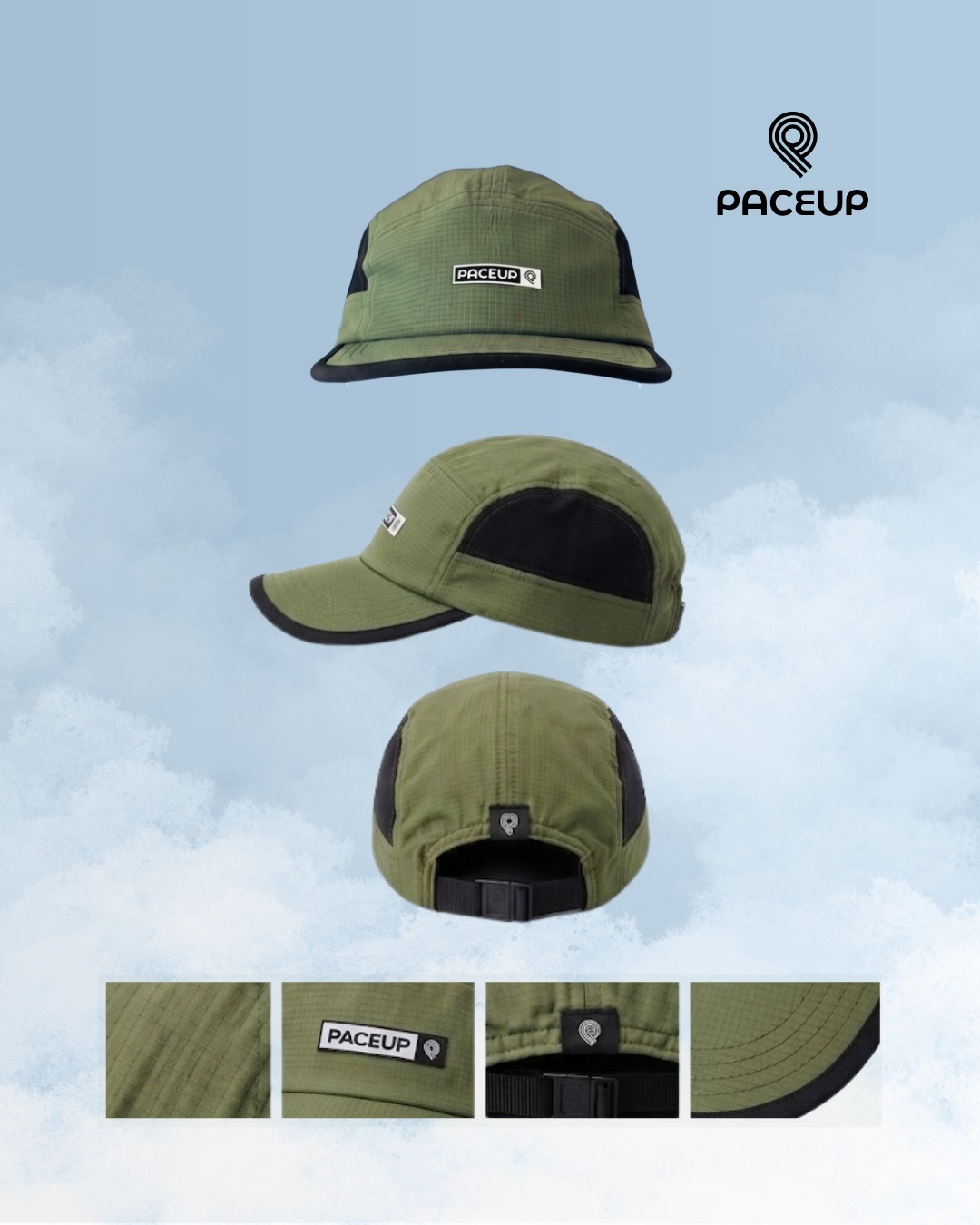 Gorra Paceup verde de frente, de lado y por detrás, con detalles de tela, etiqueta y broche